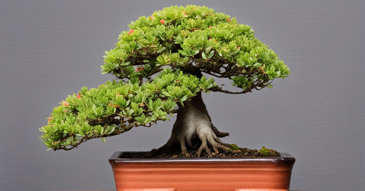 Uszkodzenia liści azalii bonsai spowodowane przez szkodniki.