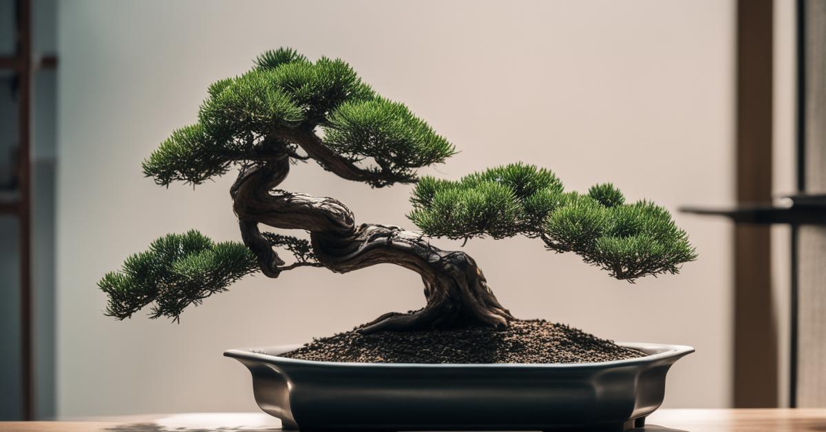 Dobrze oświetlone, średnie ujęcie bonsai jałowca chińskiego eksponowanego w minimalistycznym, nowoczesnym wnętrzu, z naturalnym światłem uwydatniającym jego tekstury. Ustawienie powinno podkreślać rolę bonsai jako elementu dekoracyjnego, łączącego naturę i design. Całe drzewo powinno być w ostrości, ukazując jego formę oraz harmonię donicy i tła.