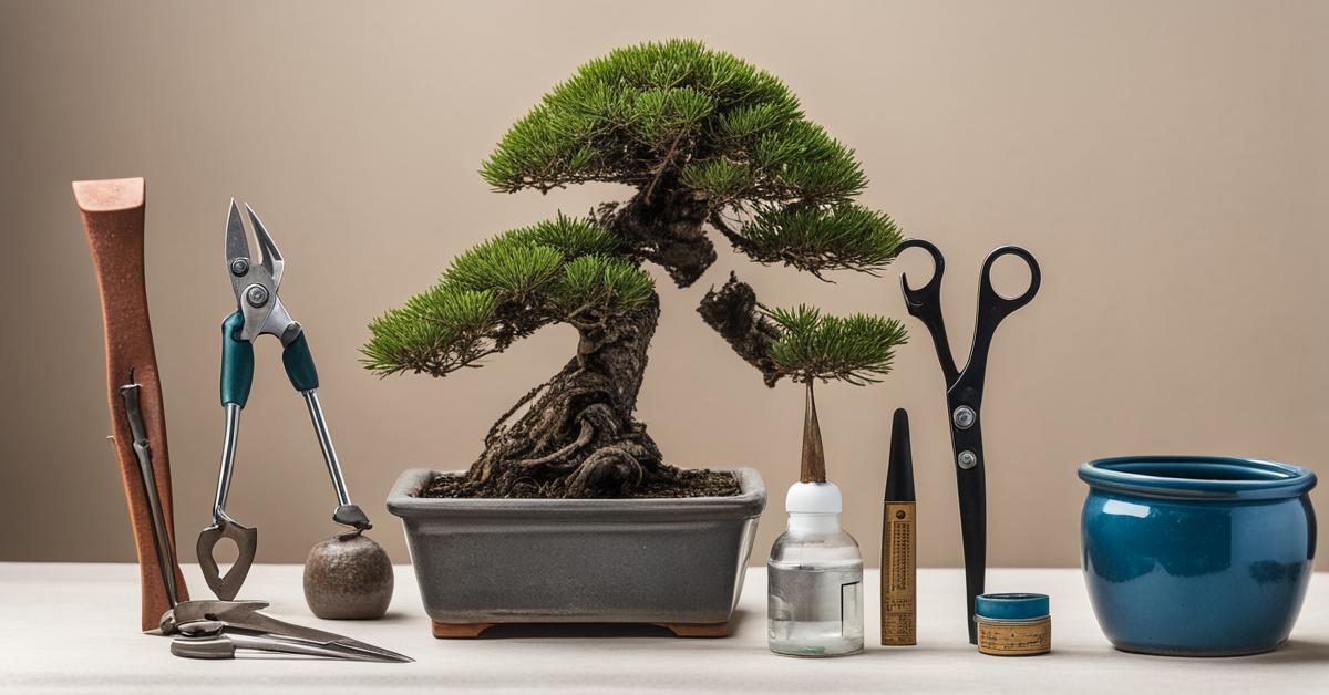 Zdjęcie narzędzi do pielęgnacji bonsai, takich jak nożyce, hak do korzeni, patyczek, mała konewka, ułożonych obok przyciętego świerka bonsai.