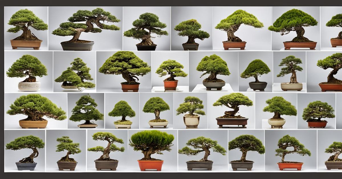 Kolaż przedstawiający różne style i formy dojrzałych drzewek bonsai z cisa, każde o unikalnych kształtach i cechach, pokazanych w różnych ustawieniach, podkreślających piękno i wszechstronność cisa jako obiektu bonsai.