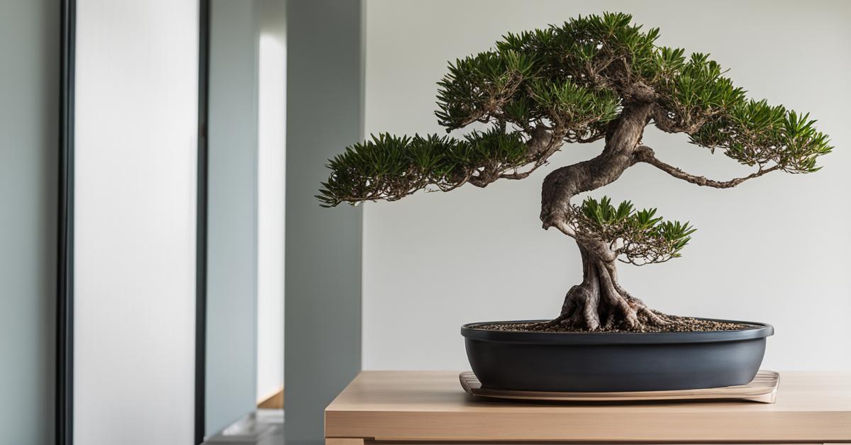 Zdjęcie dojrzałego podocarpus bonsai w nowoczesnym wnętrzu domu.