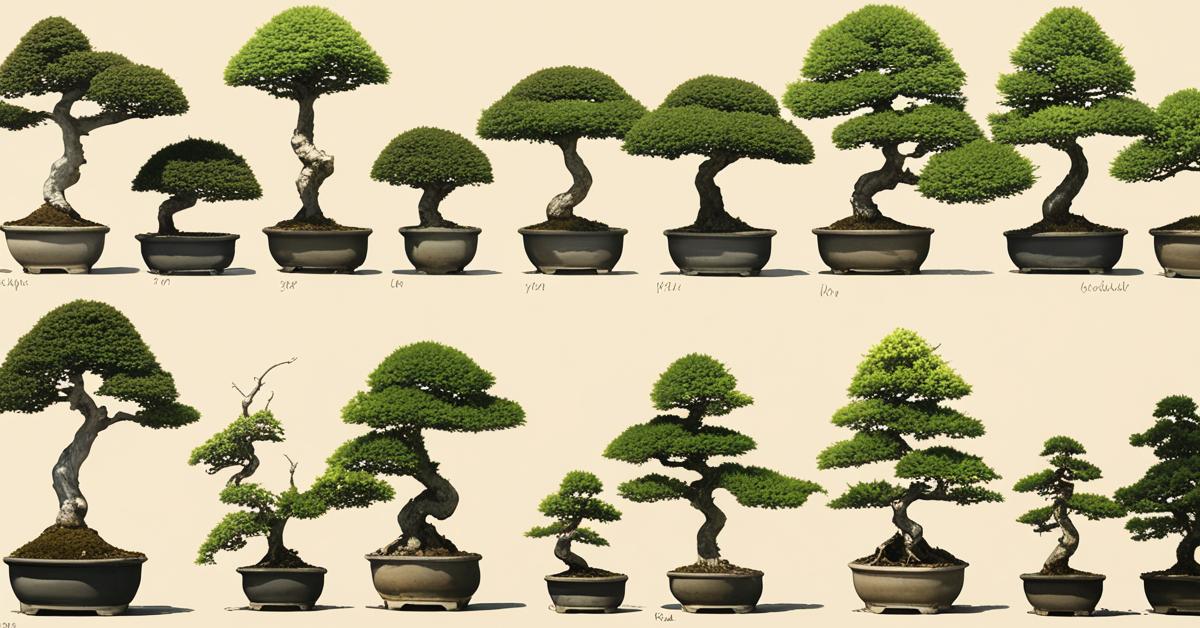 Kolekcja różnorodnych grabów bonsai o różnych stylach i wielkościach, umieszczonych na neutralnym tle.