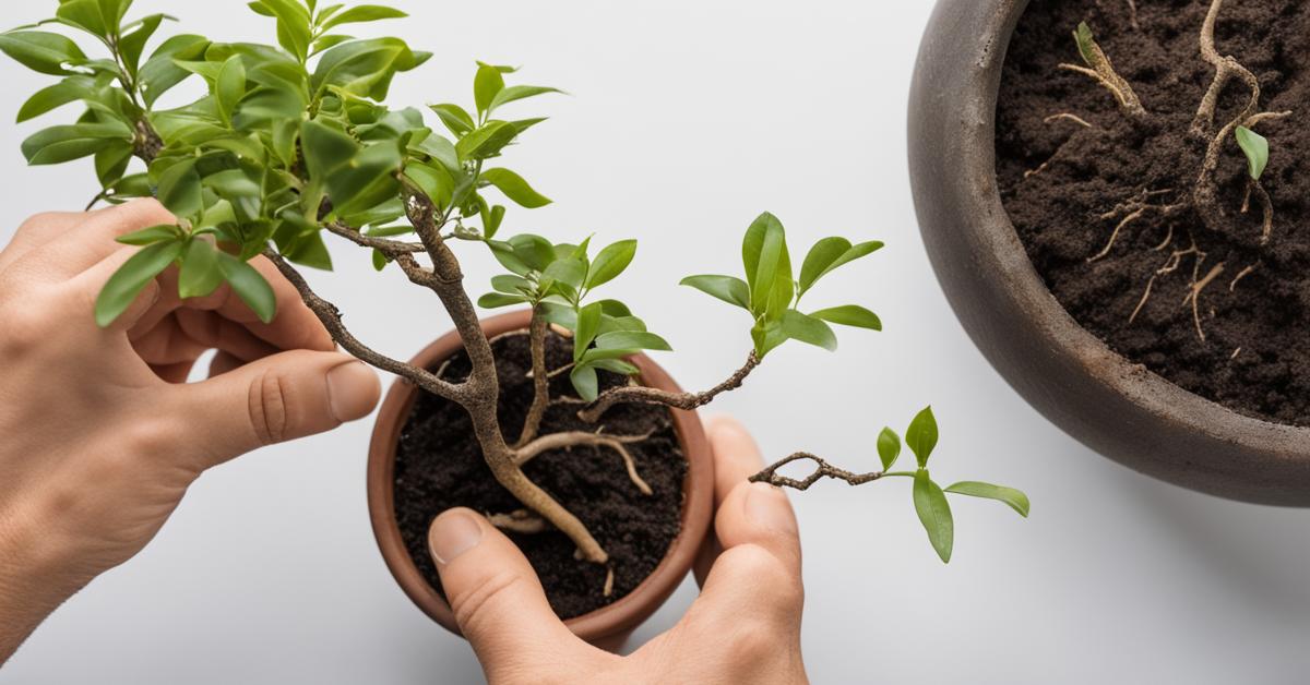 Wyjmowanie drzewka bonsai ligustrum z donicy podczas przesadzania.