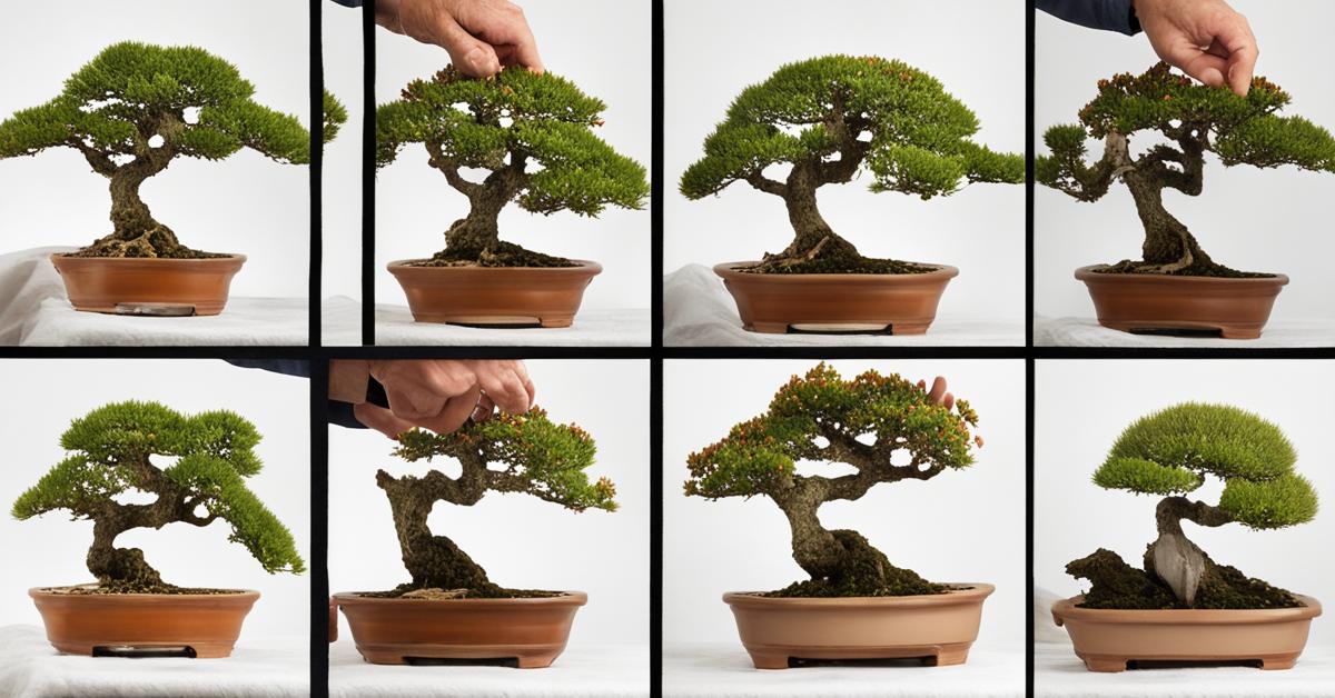 Sekwencja zdjęć przedstawiająca pielęgnację dębu bonsai w ciągu roku, od wiosny do zimy.