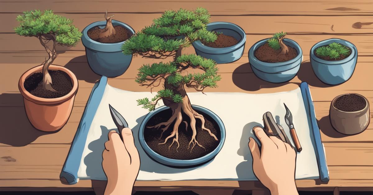 Zdjęcie z góry przedstawiające przesadzanie drzewka bonsai z widocznymi dłońmi i korzeniami.