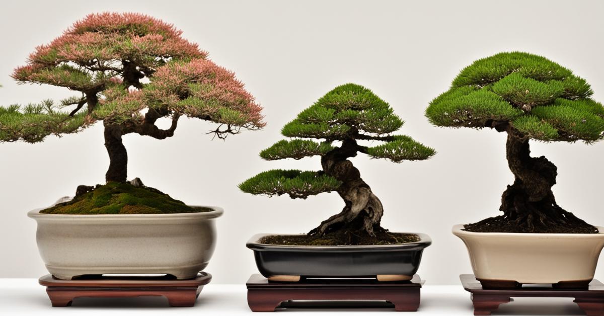 Różnorodność stylów bonsai, w tym kaskadowy, wyprostowany i nieformalny, ustawione obok siebie.