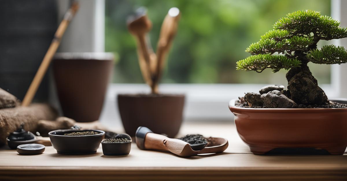 Zdjęcie narzędzi do pielęgnacji bonsai oraz nawozu ustawionych obok doniczki z bonsai.