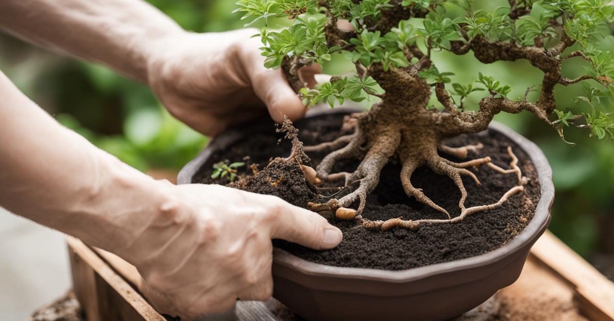 Proces przesadzania carmony bonsai, z widocznym systemem korzeniowym i przygotowanym podłożem.