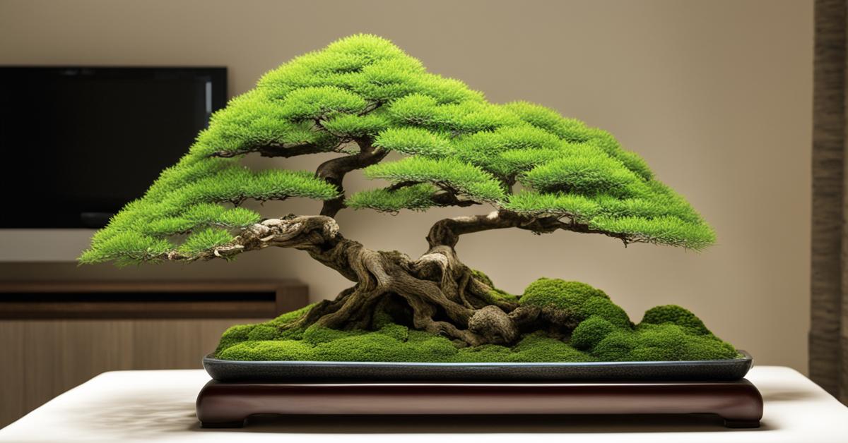 Las bonsai umieszczony w pomieszczeniu, prezentujący oświetlenie pośrednie, idealne dla jego wzrostu.