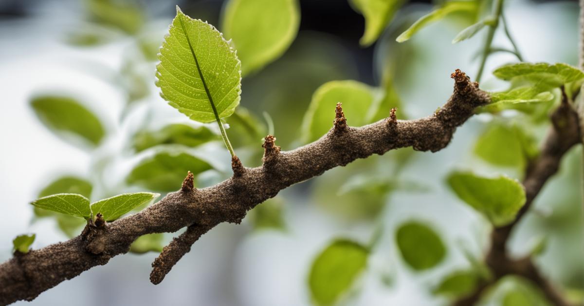 Powiększony widok pnia i gałęzi drzewka bonsai z widocznymi szkodnikami i uszkodzonymi liśćmi.