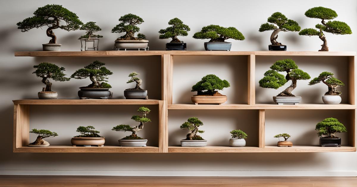 Różne drzewka bonsai na drewnianej półce w nowoczesnym salonie.