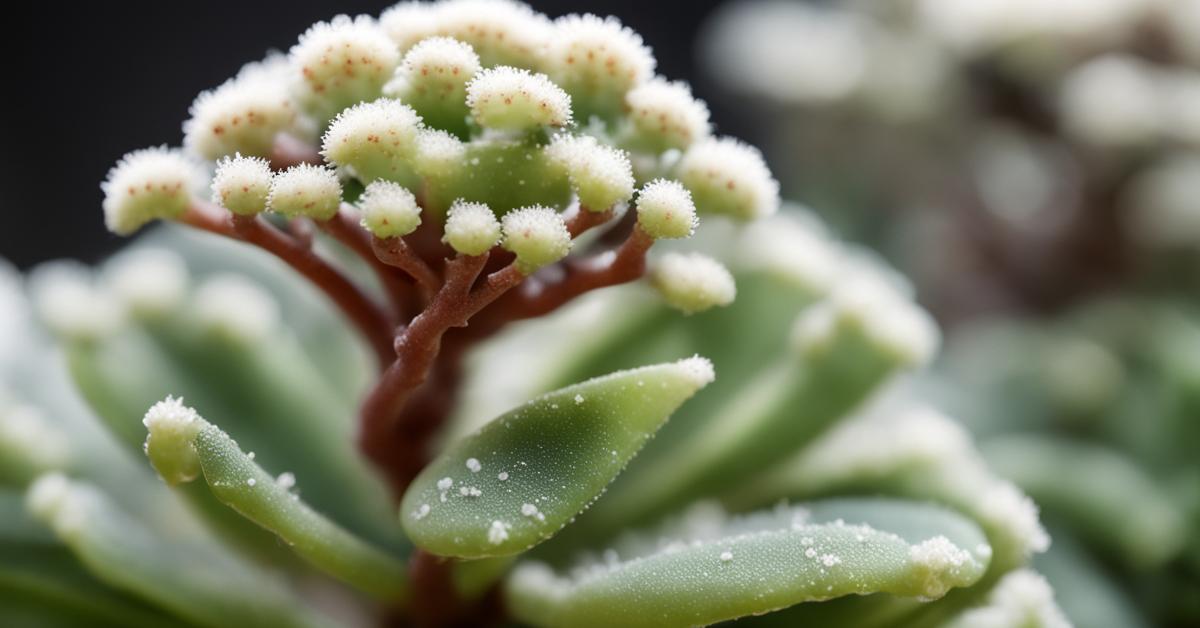 Zdjęcie zbliżeniowe ukazujące oznaki szkodników lub chorób na gruboszu jajowatym bonsai, takie jak wełnowce lub przędziorki na liściach i łodygach.