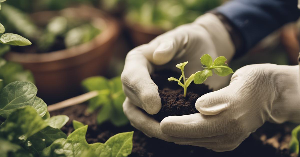 Ręka w rękawicy ogrodniczej trzyma pojemnik z nicieniami, wspomagającymi biologiczną ochronę roślin.